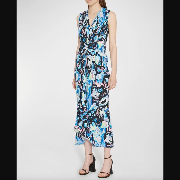 $2550 Marni Blue Abstract Floral Ruched Maxi High-Low Dress size IT 40/4 - Picture 1 of 12